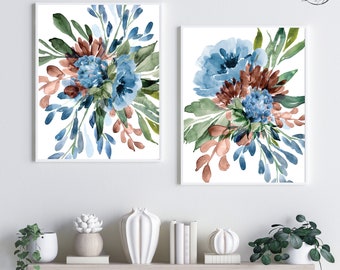 Blue Dusty Rose Watercolor Flowers Fine Art Prints Farmhouse Cottage Floral Wall Art Home Decor Set of (2) UNFRAMED Paper Prints or Canvas