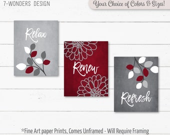 Burgundy Grey BATHROOM Wall Art, Relax Renew Refresh Quotes, Flowers Leaves, Neutral Bathroom Decor, Set of (3) Unframed Prints or Canvas