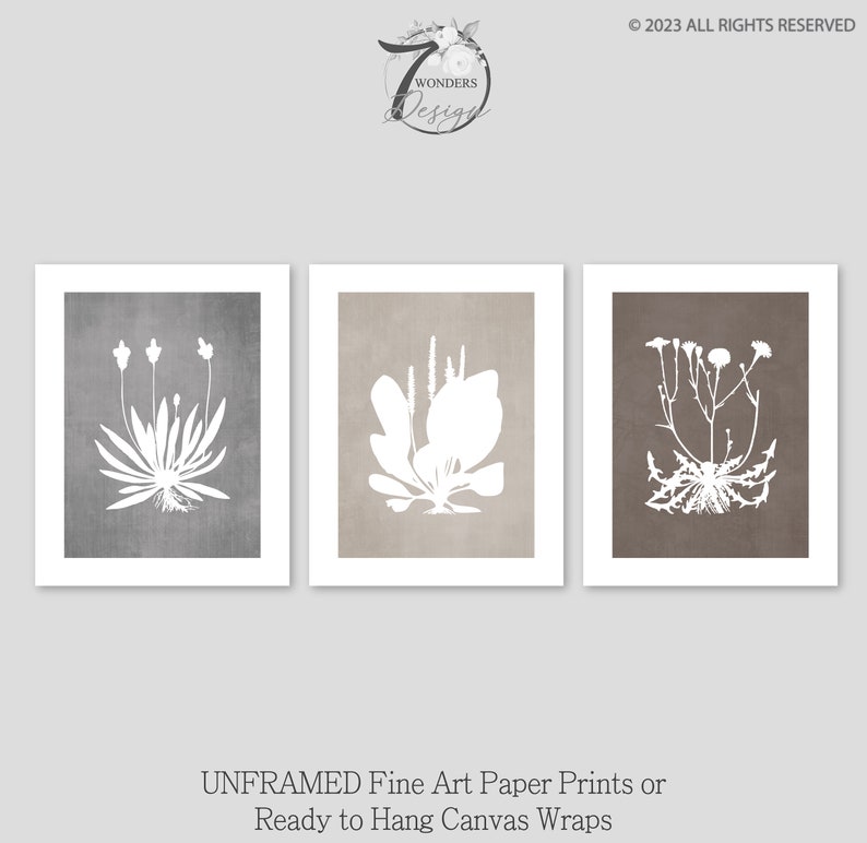 Neutral Wildflower Silhouette Flower Art Prints Botanical Earth Tones ...