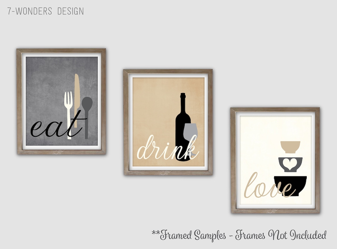 Kitchen Wall Art Print Set Eat Drink Love Utensils Wine Bowls Gray