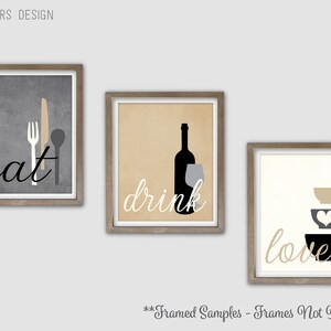 kitchen art personalized prints - utensils, cups,... Kitchen Wall Art Print Set Eat Drink Love Utensils Wine Bowls Gray ...