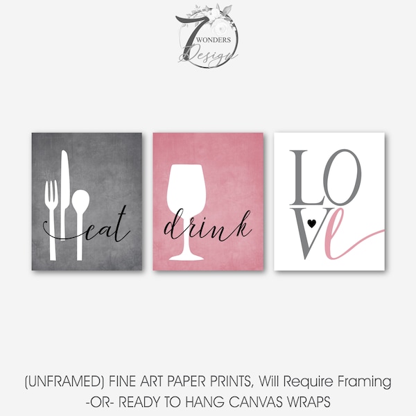 Kitchen Wall Art Print Set, Eat Drink Love, Pink Blush Gray Black Dining Room Cottage Home Decor Set of (3) UNFRAMED Prints or Canvas Wraps