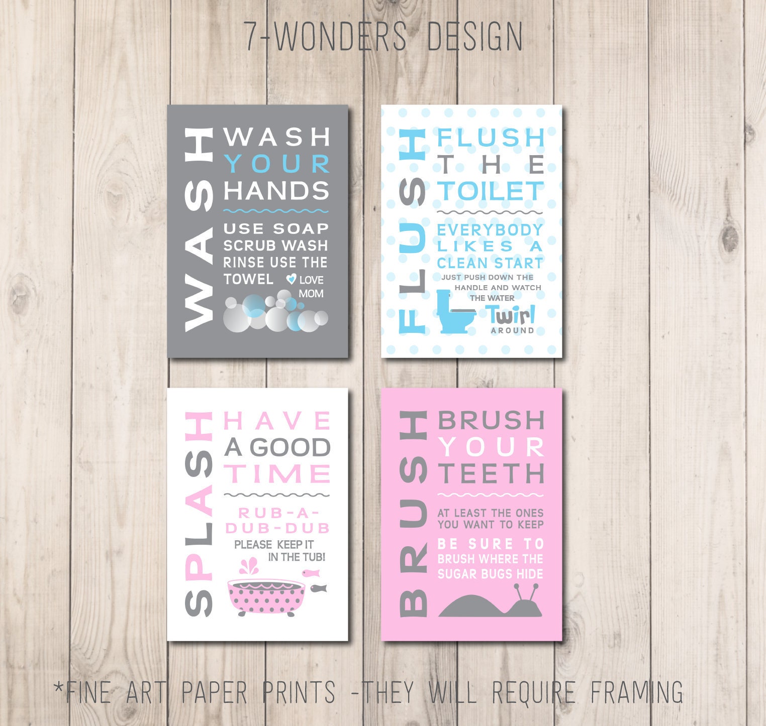 Childrens Kids Boy Girl Bathroom Art Blue Pink Grey Splash Etsy