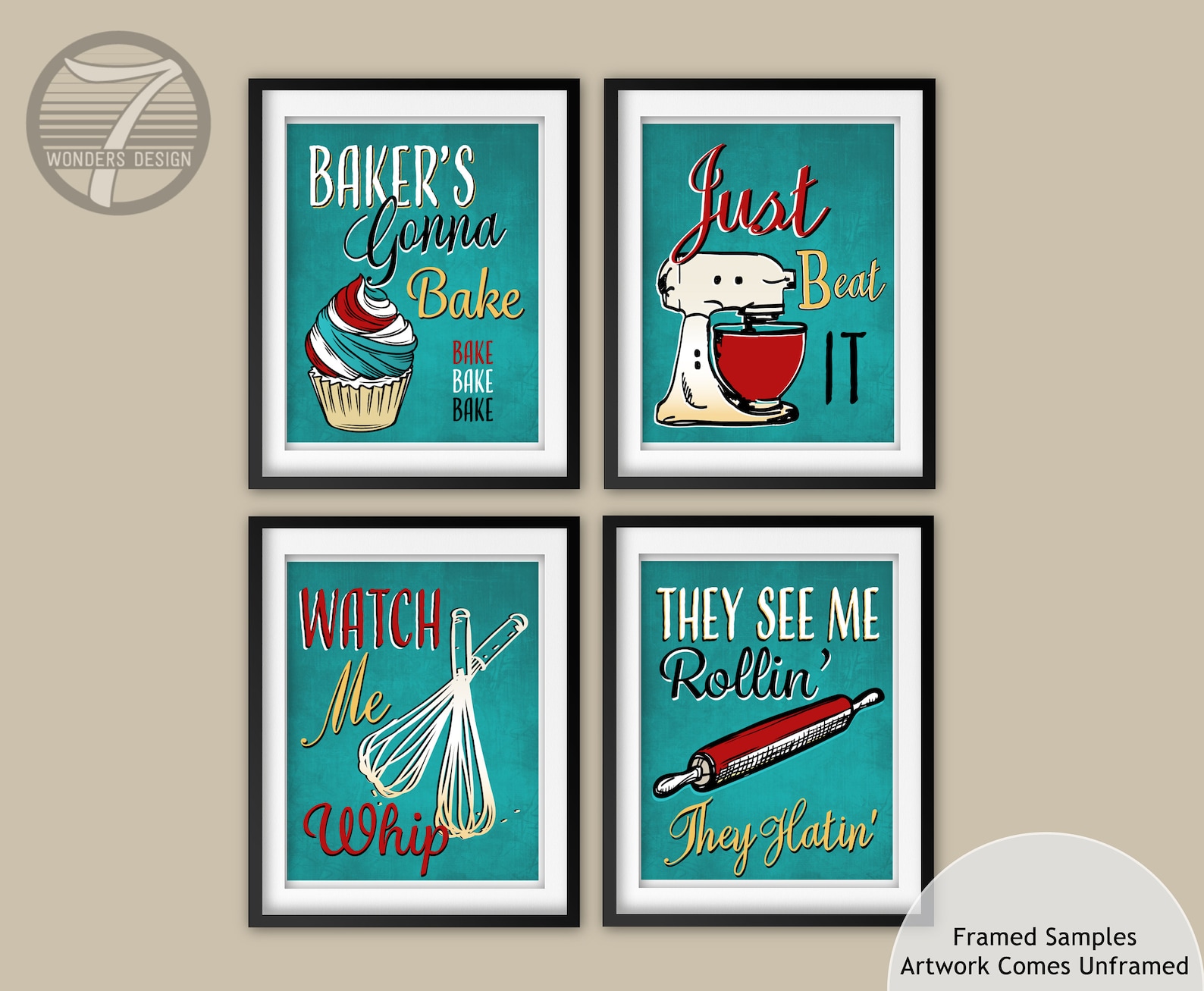 Funny Teal Red Kitchen Art Print Set of 4 Bakers Cupcake Whisk Etsy