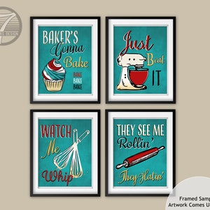 Funny Teal Red Kitchen Art Print Set of 4 Bakers Cupcake Whisk Rolling Pin Mixer See Me Rollin Just Beat It Quotes Unframed Prints or Canvas