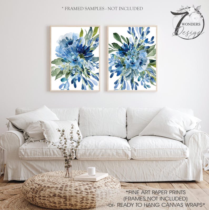 Blue Green Watercolor Floral Art Prints, Farmhouse Style, Set of 2 ...