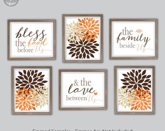 Modern Farmhouse Kitchen Wall Art Prints Bless the Food Before Us Flower Bursts Orange Brown Tan Decor Set of (6) UNFRAMED Prints or Canvas