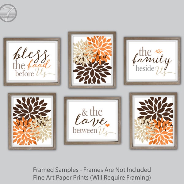 Modern Farmhouse Kitchen Wall Art Prints Bless the Food Before Us Flower Bursts Orange Brown Tan Decor Set of (6) UNFRAMED Prints or Canvas