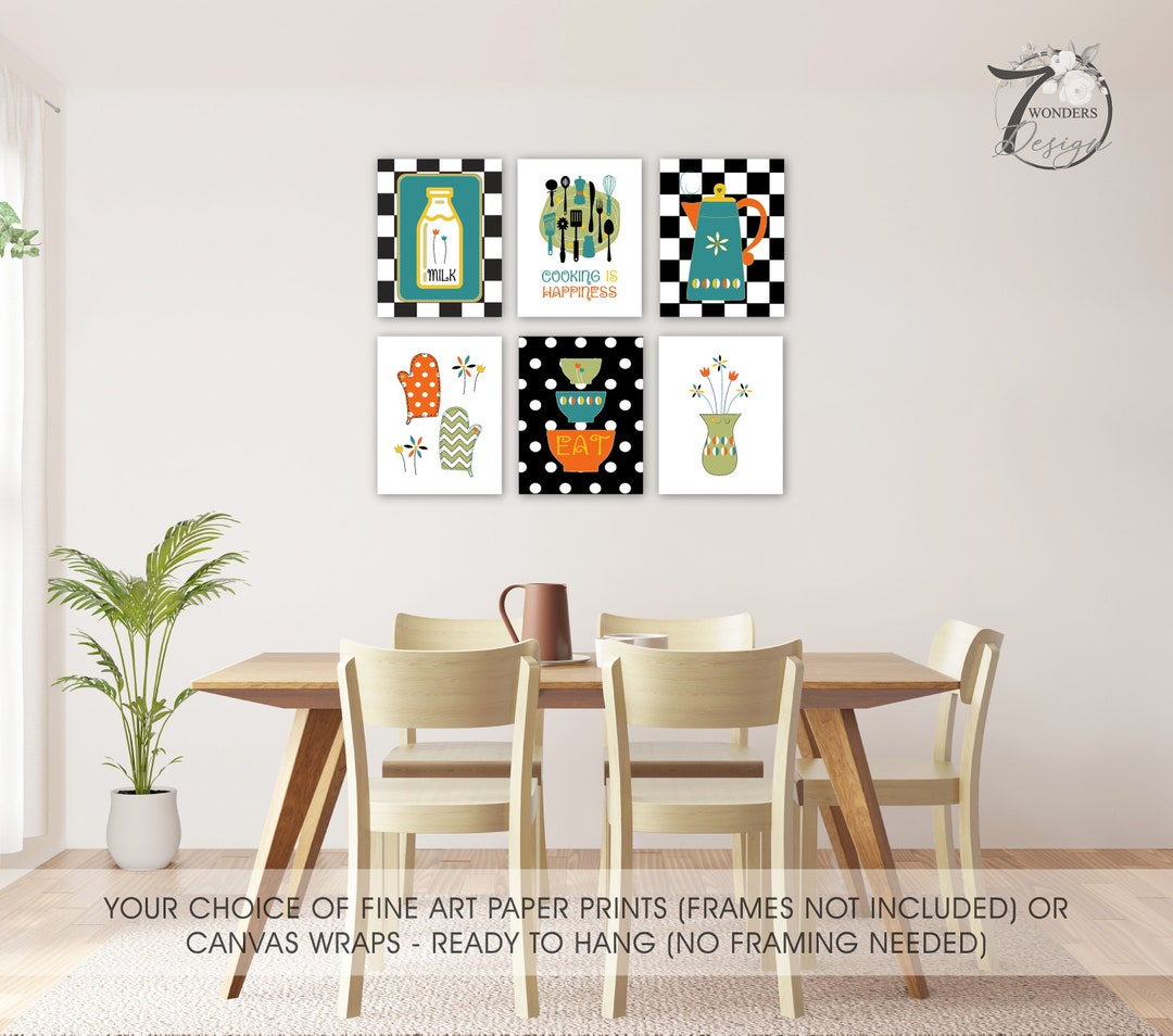 set of 6 kitchen prints coffee print set kitchen art... Kitchen Art Print Set Cooking is Happiness Retro Kitchen Teal Orange ...