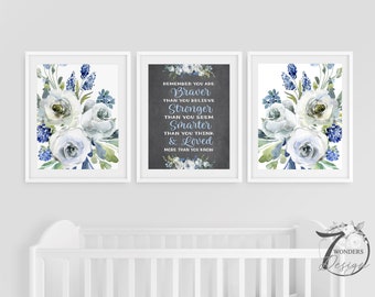 Girls Blue Watercolor Flowers Art Prints Bedroom Nursery Braver Stronger Smarter Loved Wall Art Decor Set of (3) UNFRAMED Prints or Canvas