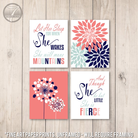 Girls Navy Pink Coral Seafoam Nursery Bedroom Wall Art Prints Let Her Sleep And She Is Little Shakespeare Quotes Print Set Of 4 Unframed