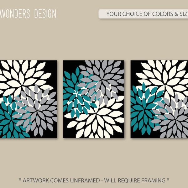 Modern Abstract Flower Bursts Teal, Black, Gray Cream You Pick Colors, Bedroom Bathoom Home Decor Set of (3) Unframed Paper Prints or Canvas