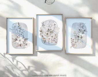 Neutral Beige Gray Floral Wall Art Set of 3, Watercolor Botanical Prints, Modern Arch Boho Flower Artwork, UNFRAMED Paper Prints or Canvas