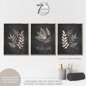 Refresh Botanical Bathroom Spa Art Prints Neutral Watercolor Charcoal Grey Beige Floral Healing Decor Set of 3 UNFRAMED Prints OR Canvas