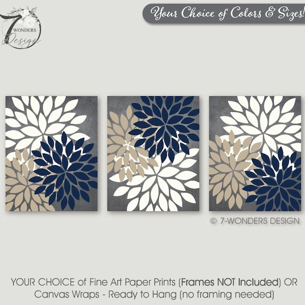 Modern Abstract Flower Bursts Wall Art Set, Gray, Tan, Navy and Cream, Kitchen Bedroom Bathoom Set of (3) UNFRAMED Paper Prints or Canvas