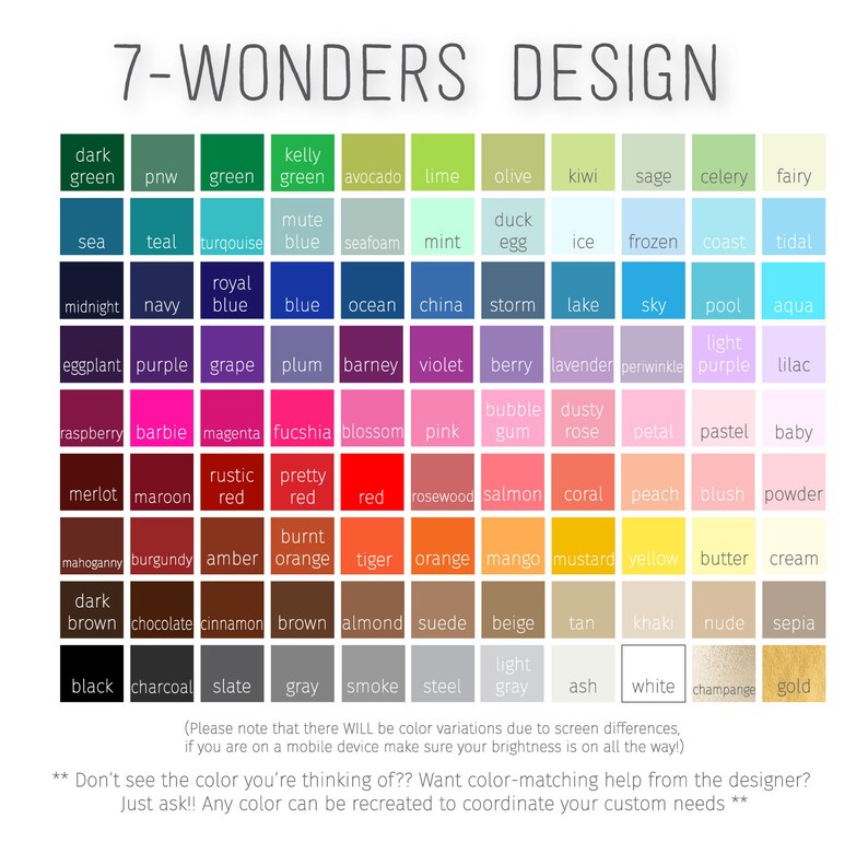 K&ouml;nnte beinhalten: Eine Farbkarte mit der Aufschrift "7-WONDERS DESIGN" mit einem Raster von Farbfeldern. Jedes Feld ist mit einem Farbnamen beschriftet, einschlie&szlig;lich Gr&uuml;n-, Blau-, Lila-, Rosa-, Rot-, Orange-, Gelb- und Neutralt&ouml;nen.