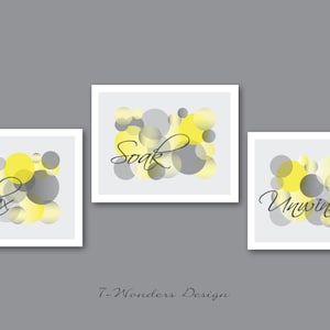 Yellow and Grey Bathroom Art, Relax Soak Unwind Abstract Circles Bathroom Shower Wall Artwork, Set of (3) UNFRAMED Prints or Canvas