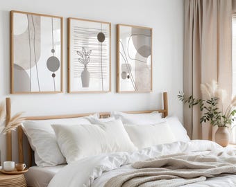 Neutral Boho Wall Art, Scandinavian Abstract Art Prints, Beige Tan Gray Interior Design Farmhouse Decor Set of 3 UNFRAMED Prints or Canvas