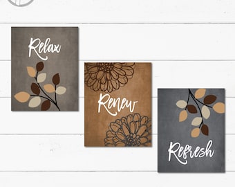 Beige Brown Grey Tan BATHROOM Wall Art Prints Relax Renew Refresh Flowers Leaves Neutral Bathroom Decor Set of (3) UNFRAMED Prints or Canvas