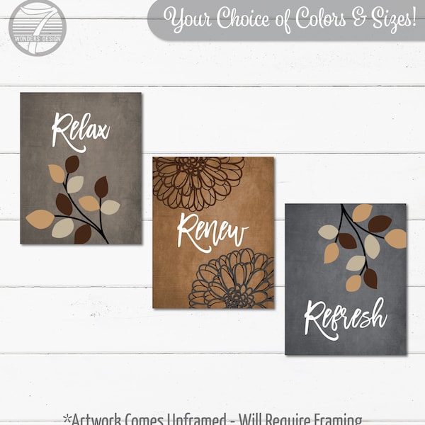 Beige Brown Grey Tan BATHROOM Wall Art Prints Relax Renew Refresh Flowers Leaves Neutral Bathroom Decor Set of (3) UNFRAMED Prints or Canvas