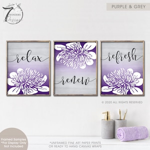 Bathroom Wall Art Relax Renew Refresh Abstract Floral Purple Gray Black Bathroom Decor Modern Home Art Set of 3 UNFRAMED Prints OR Canvas