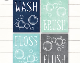 Kids Bathroom Decor Art Girls Boys, Brush, Wash, Floss, Flush, Navy Mint Aqua Grey, Childrens Teens, Set of (4) Unframed Prints or Canvas