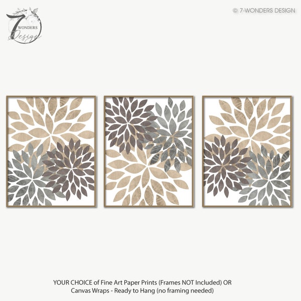 Modern Flower Bursts Neutral Colors Fine Art, Grey, Brown, Suede, Cottage, Home, Apartment Wall Art Set of (3) UNFRAMED Art Prints or Canvas