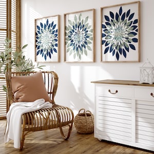 Flower Bursts Fine Art Print Dark Seafoam Navy Blue Green Artwork Distressed Texture Home Decor Set of (3) UNFRAMED Paper Prints or Canvas