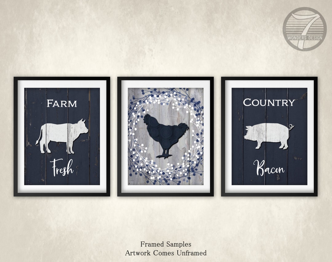 Navy Kitchen Wall Art Print Set, Farm Fresh Country Kitchen Cow Chicken