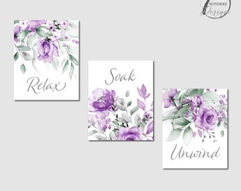 Relax Soak Unwind Purple Watercolor Flowers Bathroom Art Prints Deep purple Modern shower Decor Set of 3 UNFRAMED Prints OR Canvas