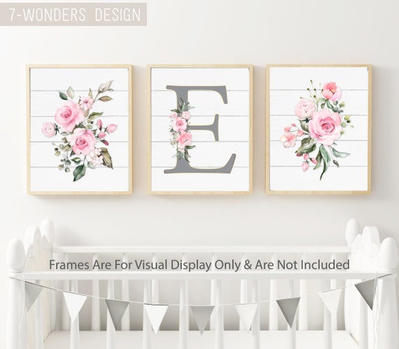 Neutral Farmhouse Watercolor Floral Personalized Art Faux Wood Blue Flowers  Baby Nursery Girl Teen Art Set of 3 UNFRAMED Prints or Canvas 