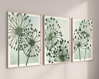 Green Sage Abstract Floral Dandelion Art Prints Modern Flower Artwork Bathroom Home Wall Decor, Set of (3) UNRAMED Paper Prints or Canvas