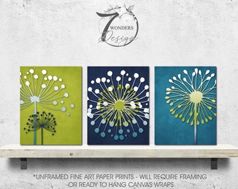 Navy Blue Lime Abstract Floral Dandelion Art Prints Modern Flower Bedroom Bathroom Wall Decor Set of (3) UNFRAMED Paper Prints or Canvas