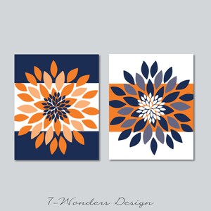 Floral Bursts Bold Stripes Wall Art Prints Modern Flower Decor, Orange Navy Blue, Set or (2) UNFRAMED Paper Prints or Canvas