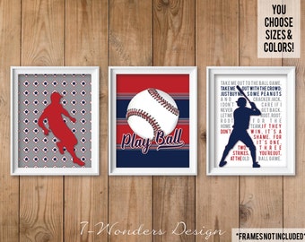 Baseball Art,Take Me Out to the Ballgame, Baseball Fan Art,Teen Boys Sports Bedroom Wall Art Set of (3) Unframed Paper Prints or Canvas