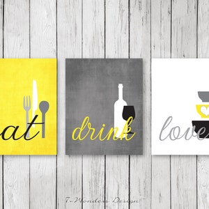 Kitchen Wall Art Print Set - Eat Drink Love -  Yellow, Grey, Black, White Modern Kitchen Decor // Set of (3) Many Sizes // Unframed Print
