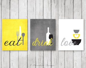 Kitchen Wall Art Print Set - Eat Drink Love -  Yellow, Grey, Black, White Modern Kitchen Decor // Set of (3) Many Sizes // Unframed Print