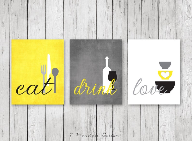 kitchen wall art print set eat drink love yellow grey | etsy