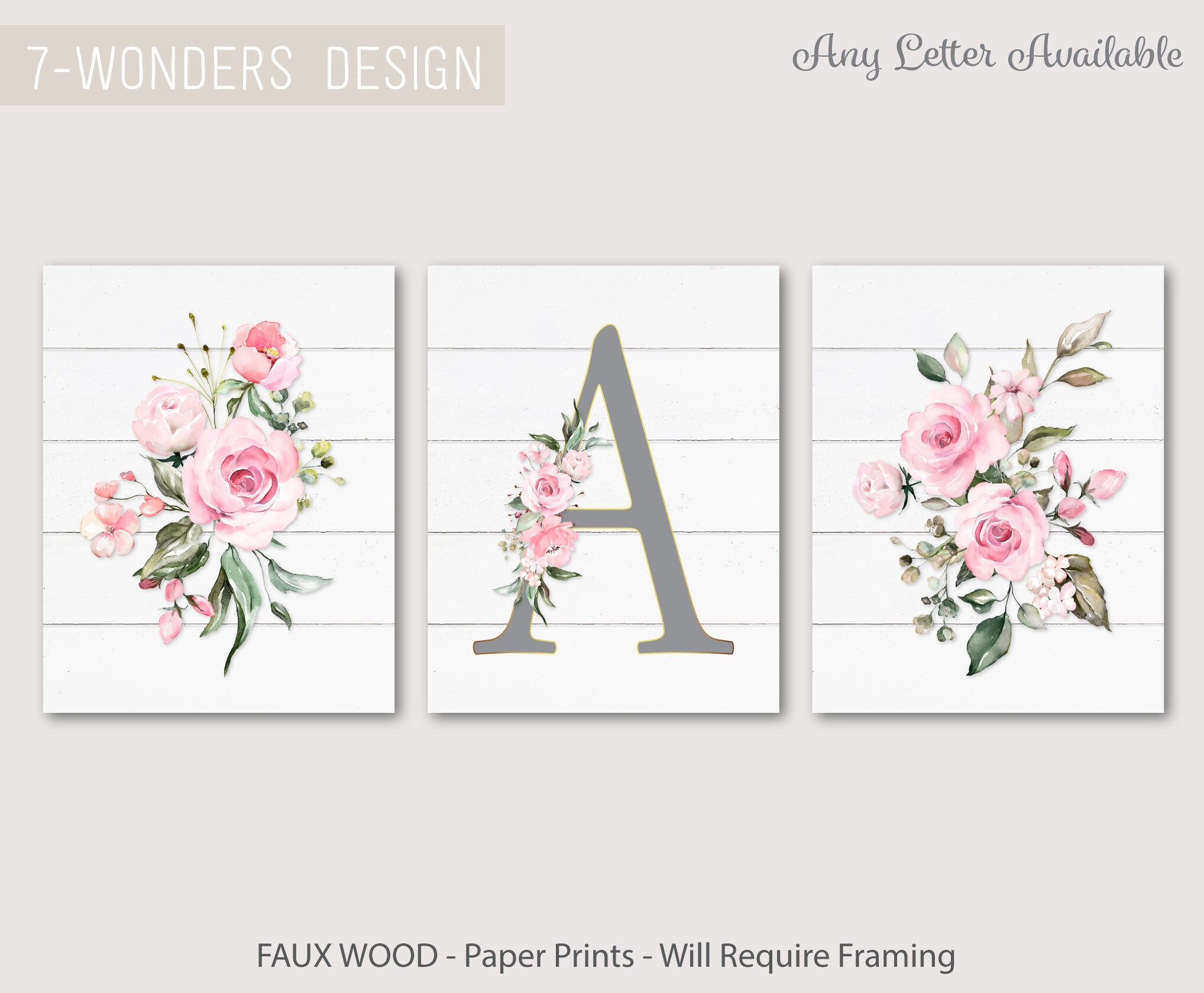 Girls Farmhouse Watercolor Floral Personalized Wall Art Faux Wood Pink ...
