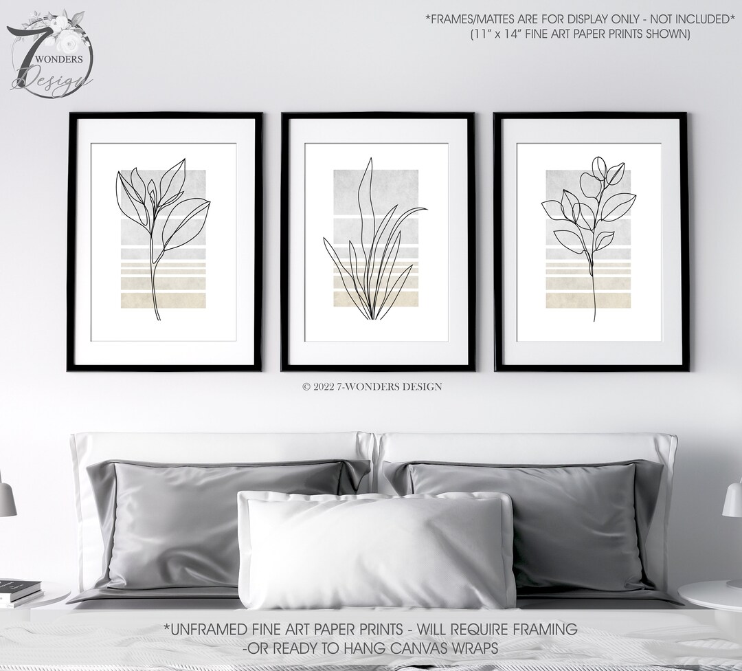 Light Grey Beige Flower Line Art Prints Floral Neutral Botanical Wall ...