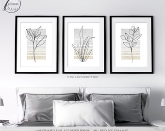 Light Grey Beige Flower Line Art Prints Floral Neutral Botanical Wall Decor Minimalist Art Set of 3 UNFRAMED Fine Art Prints OR Canvas Wraps