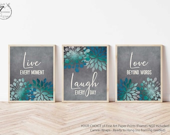 Modern Abstract Dandelion Flower Wall Art, Live Laugh Love Wall Art, Gray and Teal Floral Set of (3) UNFRAMED Paper Prints or Canvas