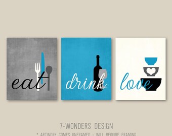 Kitchen Wall Art Print Set  Eat Drink Love  Glass Blue, Grey, Black, Cream // Modern Kitchen Decor // Set of (3)   Prints or Canvas