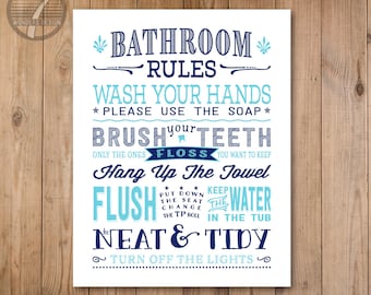 Kids Bathroom Rules Art Print, Pre-Teen, Bathroom Subway Typography Wall Art Print, 8x10, 11x14 or 16x20, Wash Brush Flush Floss, UNFRAMED