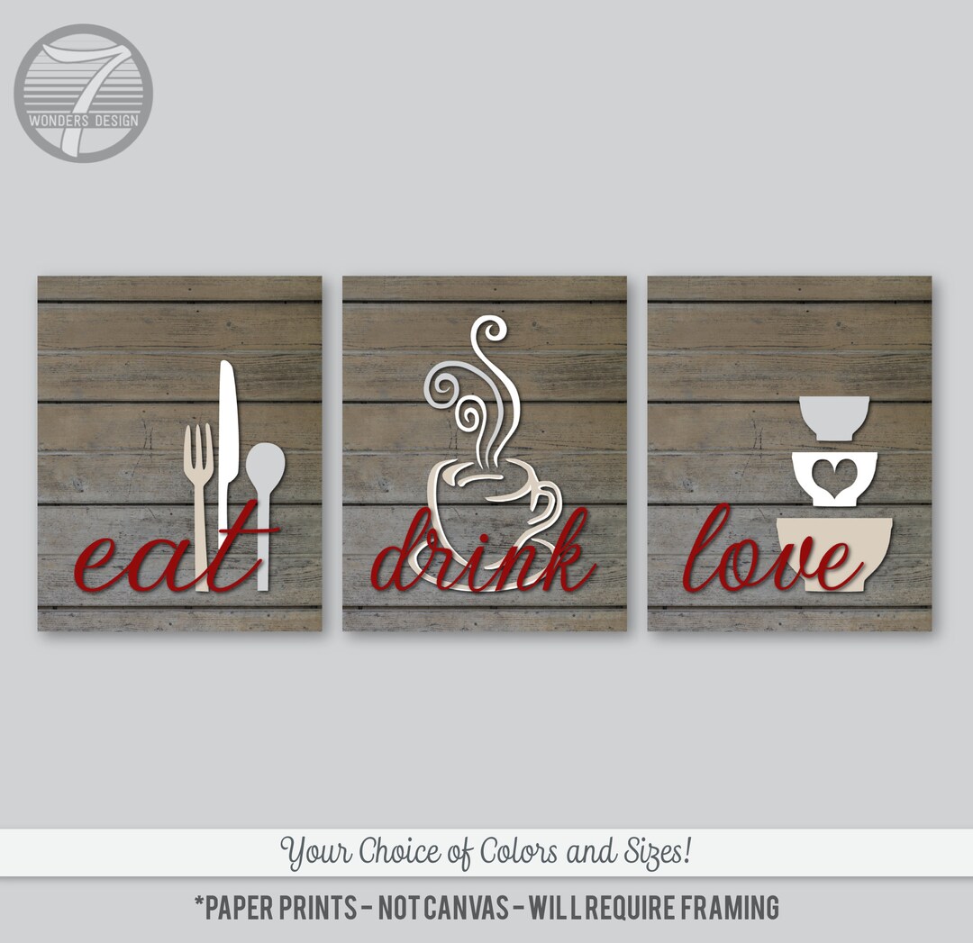 kitchen art personalized prints - utensils, cups,... Farmhouse Kitchen Art Print Set, Eat Drink Love, Faux Wood Coffee ...