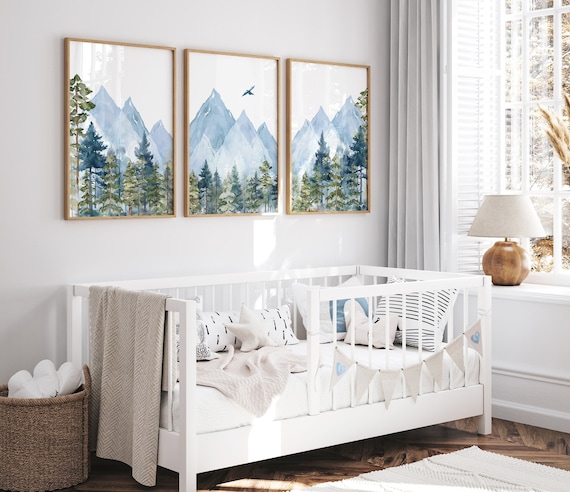Blue Mountain Nursery Decor, Forest Wall Art, Gender Neutral decor, Adventure Forest Print, Mountains Set of (3) UNFRAMED Prints or Canvas