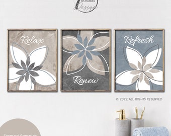 Relax Renew Refresh Distressed Flower Bursts Bathroom Art Neutral Light Slate Blue Grey Beige Home Bathroom Decor Unframed Prints OR Canvas