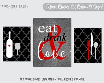 Eat Drink and Love Modern Kitchen Art Print Set of (3), 3 Size Options - Red Black Grey White // Kitchen Wall Art - Unframed Prints
