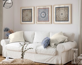 Calming Boho Mandala Art, Square Art Distressed Blue Terracotta Beige Cream, Farmhouse Cottage Decor,  Set of 3 Unframed prints or Canvas