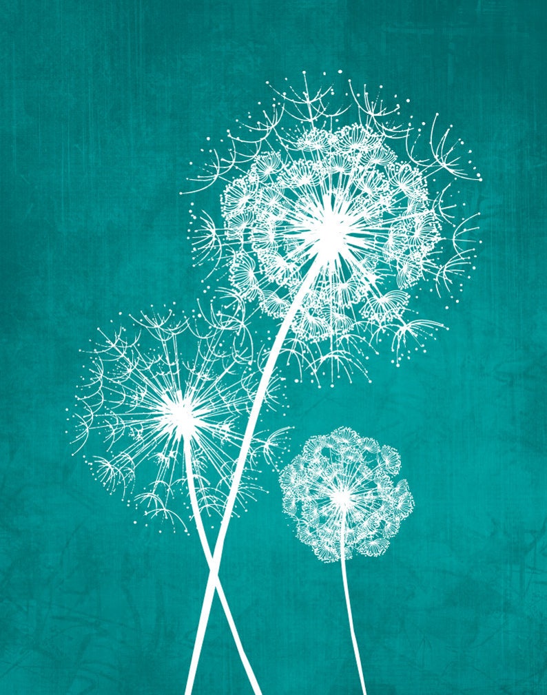 Dandelion Wall Art Prints Charcoal Grey Teal Flower Art Living Etsy